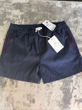 Gucci Navy Logo Jacquard Swim Shorts with Red Trim, size 8